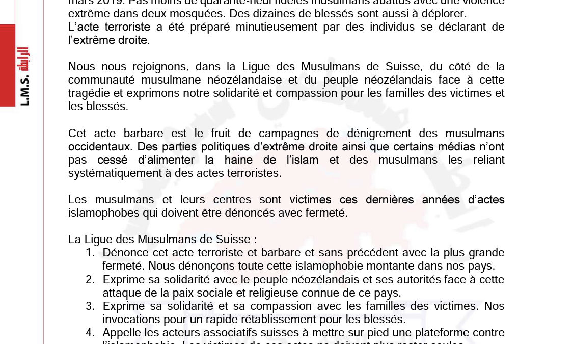 Communiqué concernant les attaques terroristes en Nouvelle Zélande